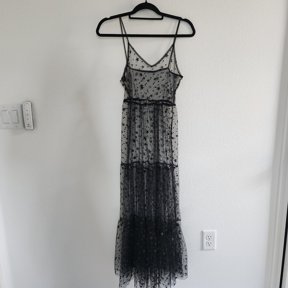 Black Sheer Mesh Star Print Maxi Dress Celestial V-Neck Sleeveless size Small - Picture 8 of 9